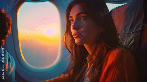 Young woman gazes out airplane window during sunset over the clouds while traveling to a new destination