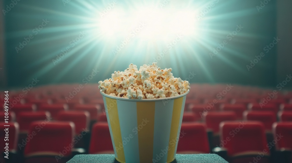 A solitary bucket of popcorn rests on the floor of an empty cinema, waiting for an audience as dim lights illuminate the space A solitary bucket of popcorn rests on the floor of an empty cinema, waiting for an audience as dim lights illuminate the space