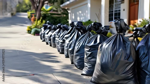 Residents clean up neighborhood by organizing trash collection on a sunny day in a suburban area near their homes