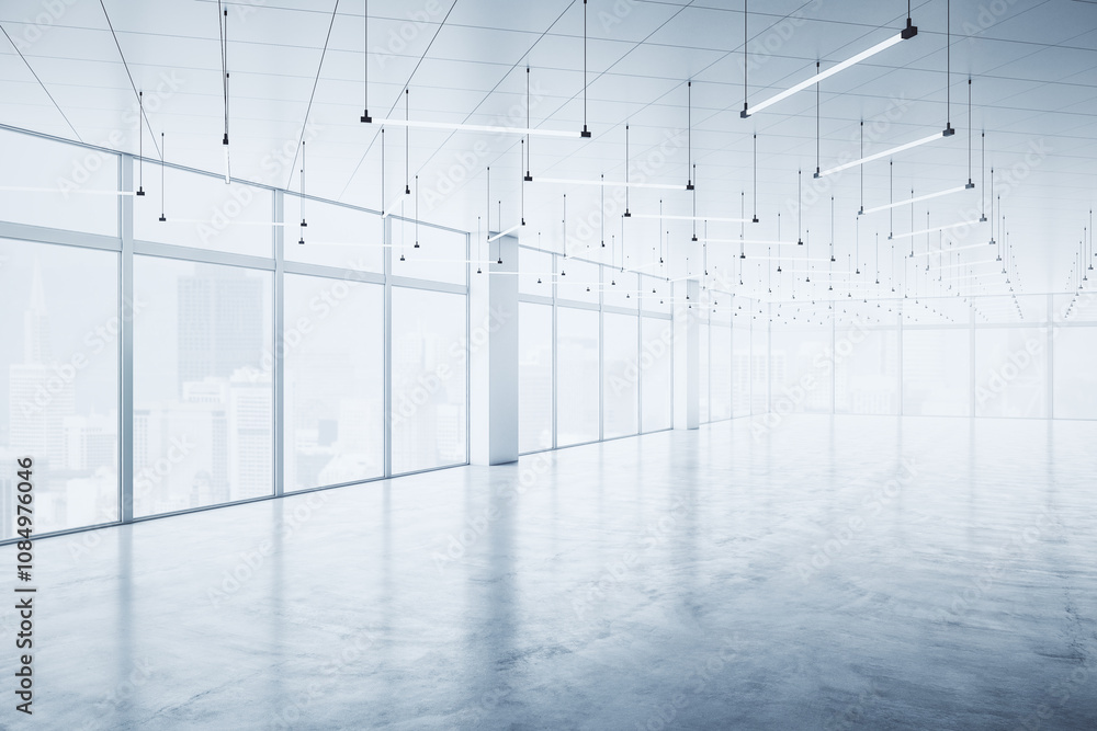 Fototapeta premium Real estate concept with perspective view on spacious light empty hall on high floor with city view from panoramic windows, concrete floor and lots of LED lamps hanging from top. 3D rendering