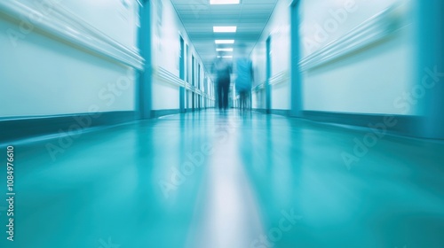 The corridor is filled with healthcare professionals and patients moving quickly, captured with a motion blur effect