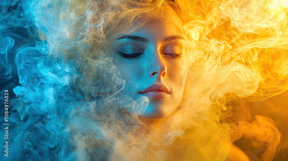 A serene portrait of a woman surrounded by colorful smoke, blending blue and orange hues, evoking a dreamlike atmosphere. A serene portrait of a woman surrounded by colorful smoke, blending blue and orange hues, evoking a dreamlike atmosphere.