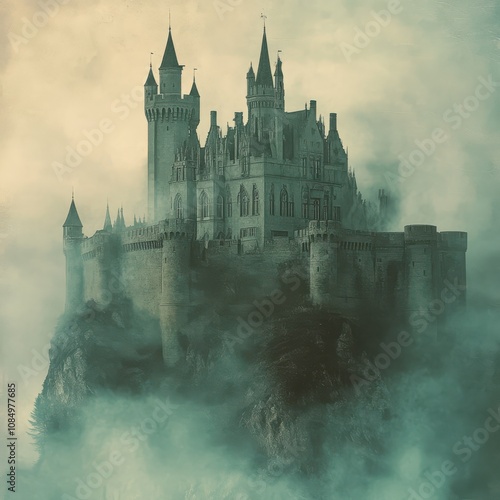 A majestic castle perched atop a misty mountain. photo