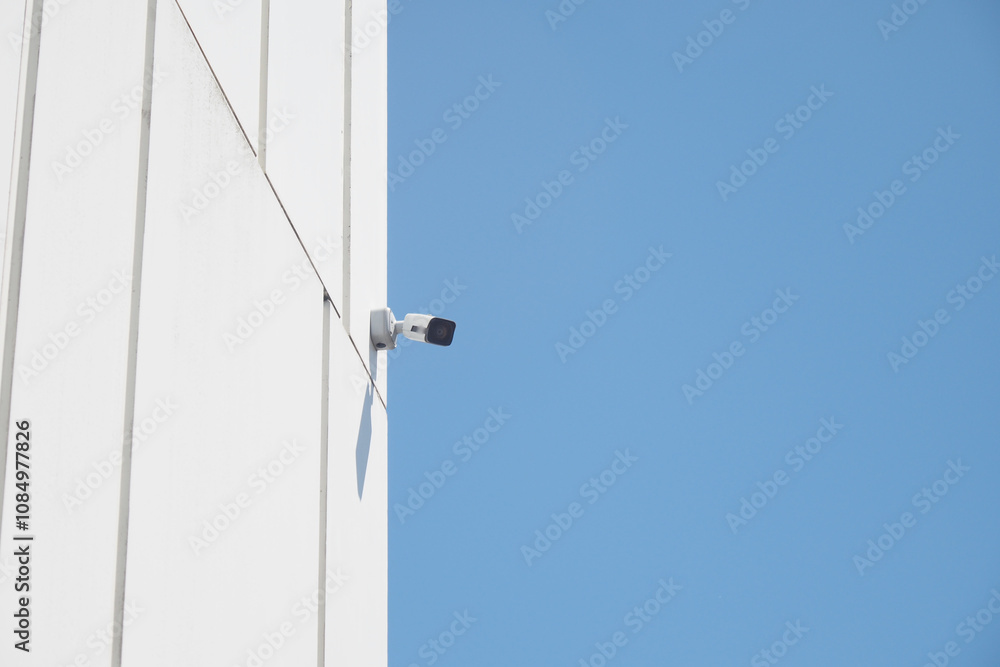 Surveillance Camera Mounted on Building Against Clear Blue Sky Surveillance Camera Mounted on Building Against Clear Blue Sky