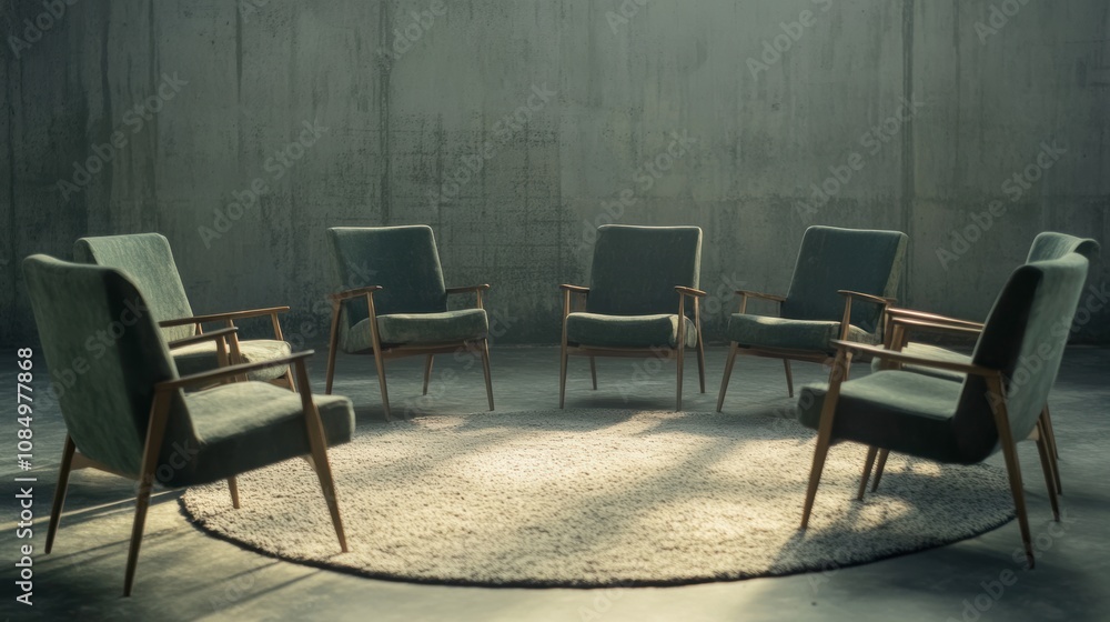 The sunlit room features an empty circle of chairs, inviting a serene setting for conversation and meetings The sunlit room features an empty circle of chairs, inviting a serene setting for conversation and meetings