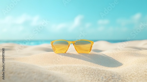 sunglasses on the beach with blue sky