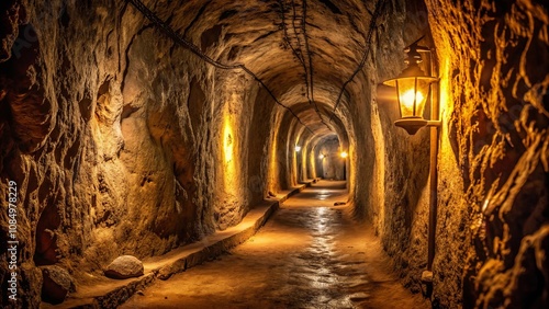 Obraz na płótnie A dimly lit subterranean passageway reveals the intricate texture of natural rock formations, illuminated by strategically placed lanterns casting an ethereal glow. w salonie