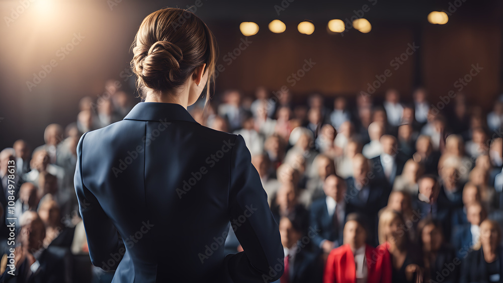 A woman stands in front of a crowd of people, giving a speech A woman stands in front of a crowd of people, giving a speech