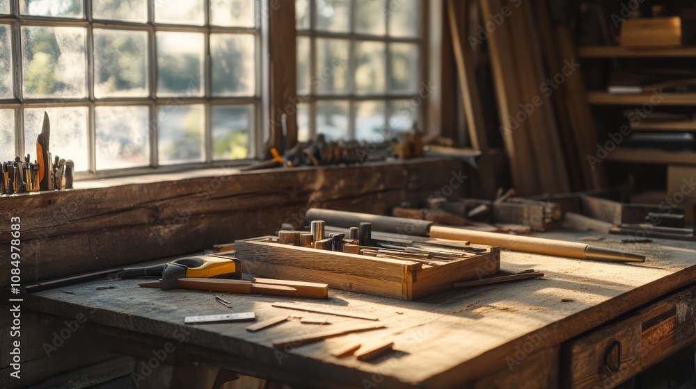 custom made wallpaper toronto digitalA quaint woodworking bench in a sunlit garage, Tools and wood pieces neatly organized, Vintage craftsmanship style