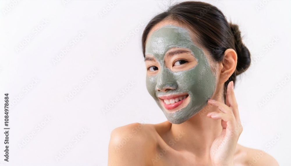 Radiant Skincare Ritual: A young woman smiles serenely, her face adorned with a revitalizing green clay mask, embodying natural beauty and self-care. Radiant Skincare Ritual: A young woman smiles serenely, her face adorned with a revitalizing green clay mask, embodying natural beauty and self-care.