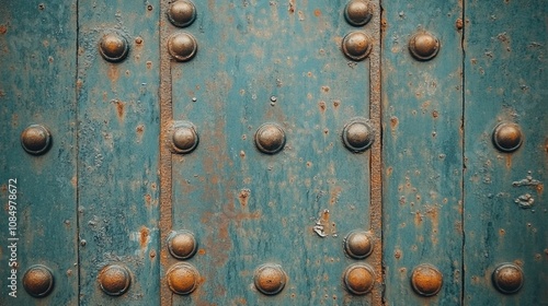 The industrial metal wall displays a rich tapestry of rust, rivets, and peeling paint, reflecting years of weathering and decay