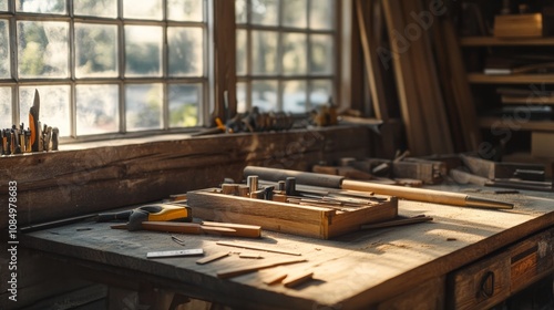 Wallpaper Mural A quaint woodworking bench in a sunlit garage, Tools and wood pieces neatly organized, Vintage craftsmanship style Torontodigital.ca