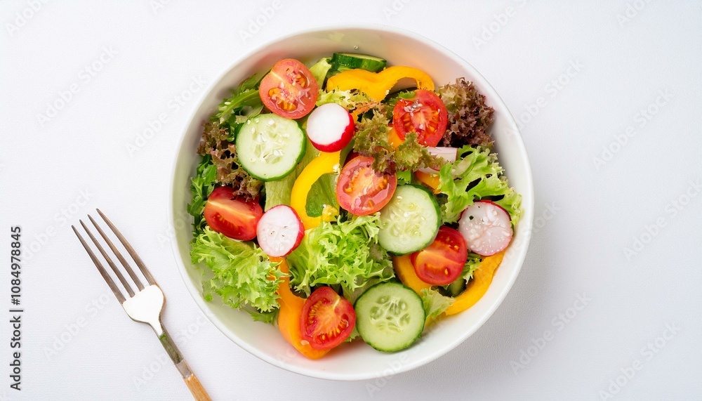 Fresh and Vibrant Salad Bowl: A close-up shot of a colorful and healthy salad bowl, bursting with fresh vegetables and a golden fork, ready to be enjoyed. Fresh and Vibrant Salad Bowl: A close-up shot of a colorful and healthy salad bowl, bursting with fresh vegetables and a golden fork, ready to be enjoyed.