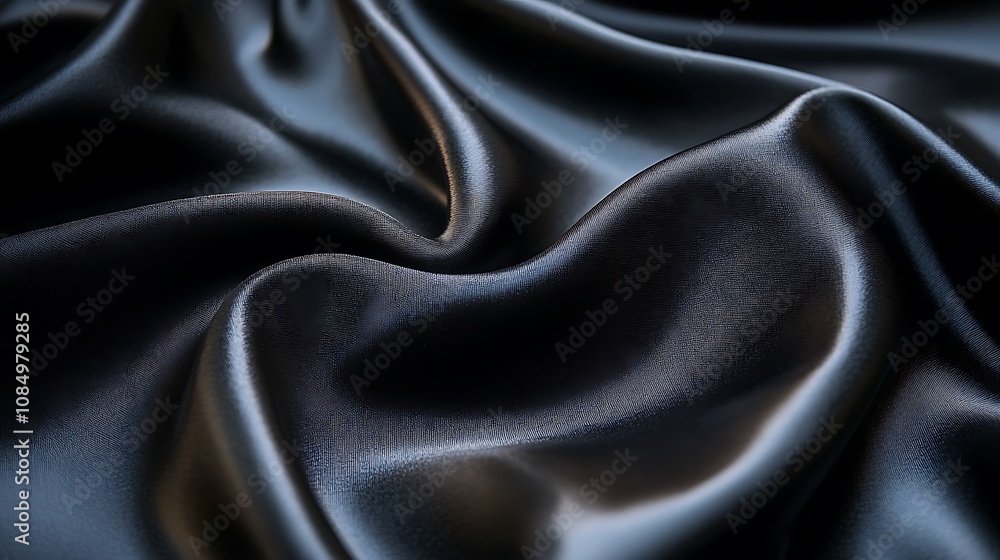 Fototapeta premium Black silk satin background with waves, Abstract background silky fabric