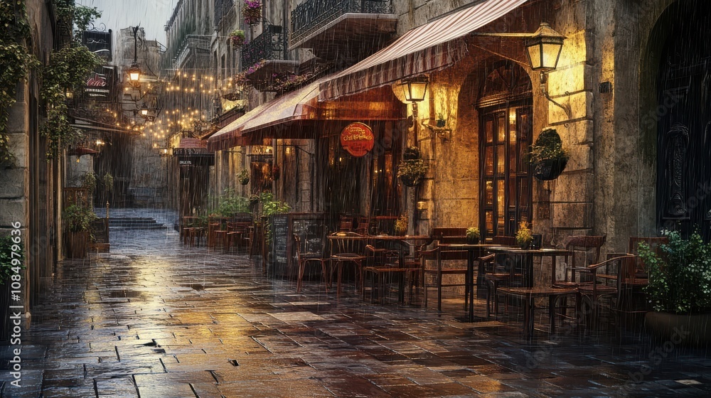 Fototapeta premium Rainy night in a European city street.
