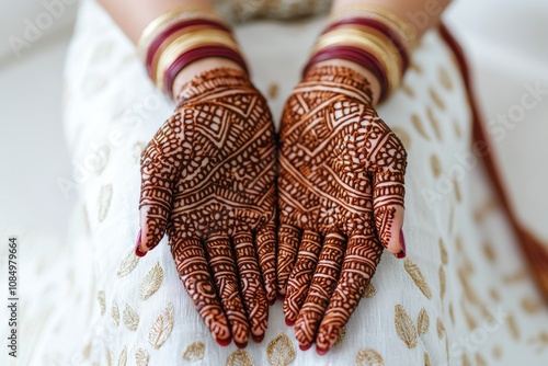 A close-up of beautifully decorated hands adorned with intricate henna designs, showcasing traditional artistry and cultural significance. photo