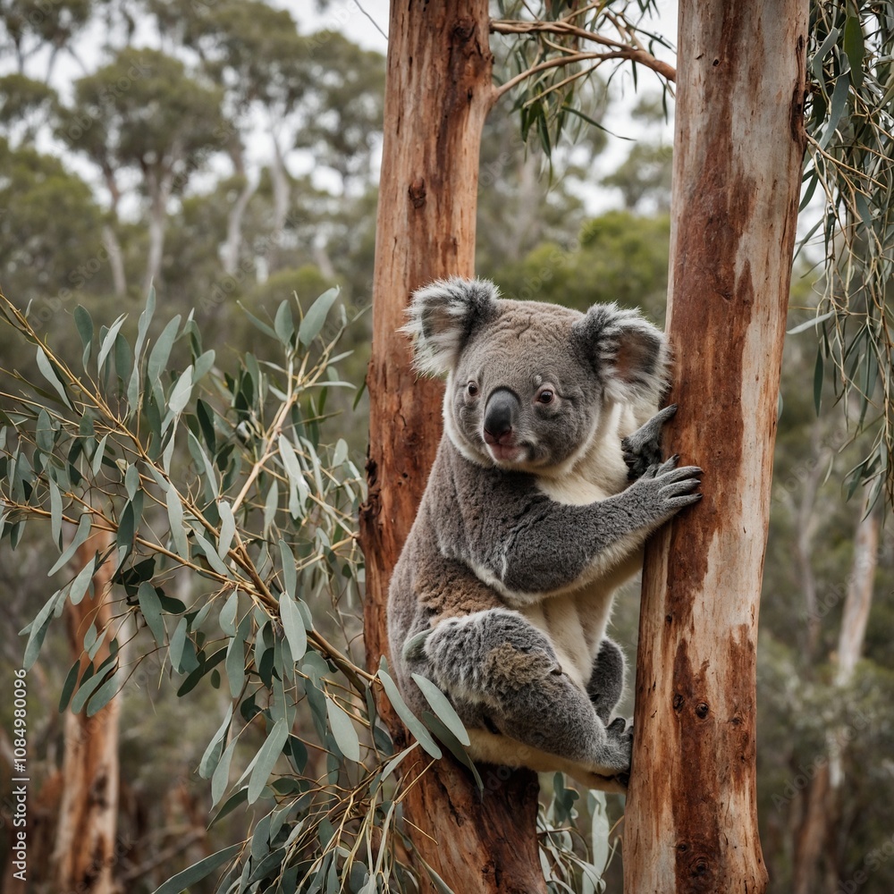 Fototapeta premium A koala bear clinging to a eucalyptus tree with the Australian outback behind it.