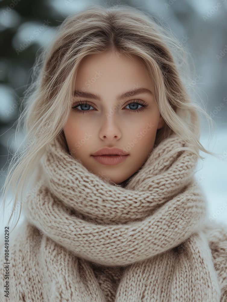 Woman in knitted woolen scarf with cozy winter ambiance in soft beige tones
Woman in knitted woolen scarf with cozy winter ambiance in soft beige tones