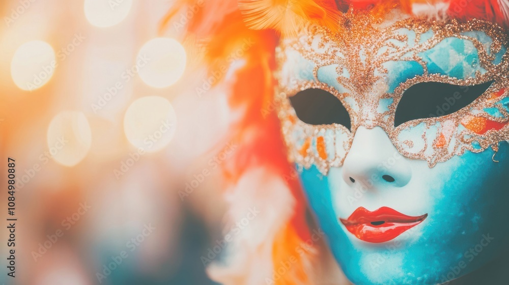A vibrant Venetian mask with colorful feathers draws the festive crowd during Mardi Gras A vibrant Venetian mask with colorful feathers draws the festive crowd during Mardi Gras