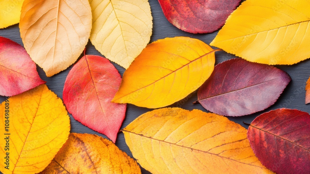 Obraz premium An array of colorful autumn leaves in shades of yellow, red, and brown arranged beautifully against a contrasting dark background