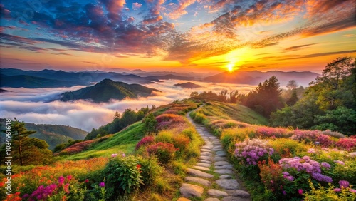 A winding stone pathway leads through a vibrant meadow bathed in the golden light of a sunrise over rolling hills and a sea of fog.