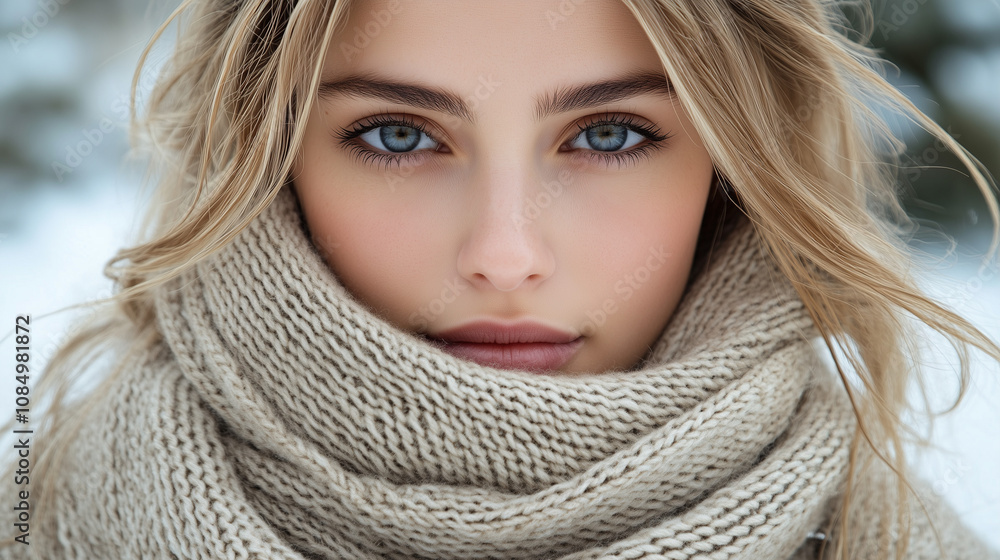 Woman in knitted woolen scarf with cozy winter ambiance in soft beige tones Woman in knitted woolen scarf with cozy winter ambiance in soft beige tones