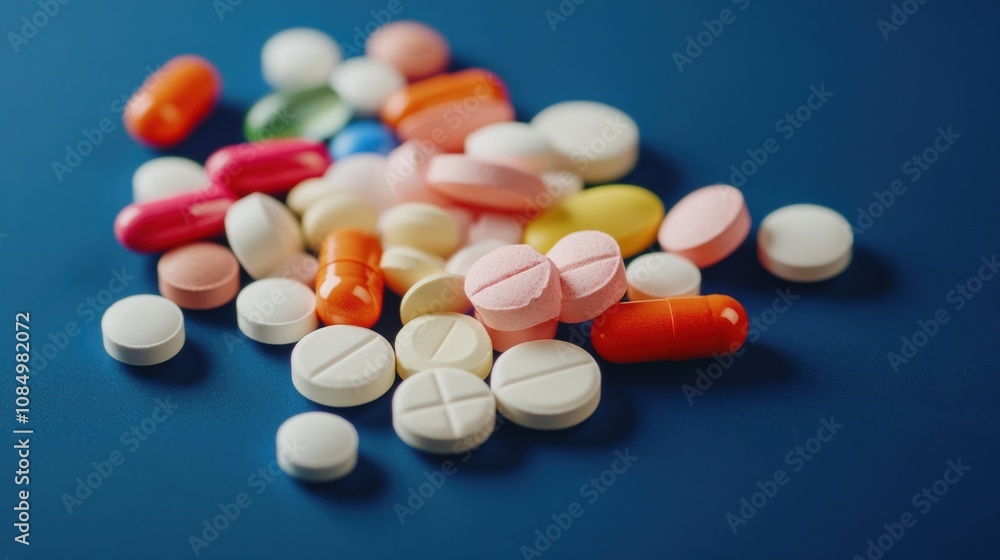 A collection of various pills in different colors and shapes lies on a dark blue background, representing medication diversity A collection of various pills in different colors and shapes lies on a dark blue background, representing medication diversity