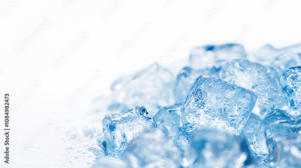 Melting ice cubes slowly lose their shape and form puddles of water on a clean white background, capturing the transition from solid to liquid Melting ice cubes slowly lose their shape and form puddles of water on a clean white background, capturing the transition from solid to liquid