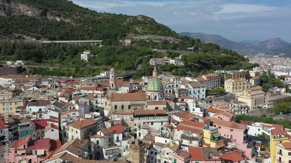 Aerial view of the sea, promenade and central part of the town of Vietri sul Mare on a sunny summer day, Raite, Salerno, Italy Aerial view of the sea, promenade and central part of the town of Vietri sul Mare on a sunny summer day, Raite, Salerno, Italy