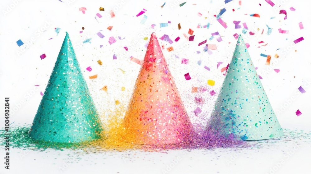 Three glittery party hats in blue, pink, and orange surrounded by falling confetti, creating a festive and celebratory atmosphere. Three glittery party hats in blue, pink, and orange surrounded by falling confetti, creating a festive and celebratory atmosphere.