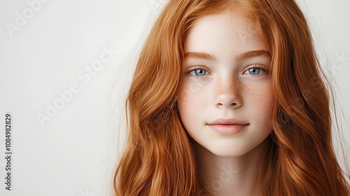 Portrait of Freckled Redhead Girl with Natural Beauty and Soft Expression