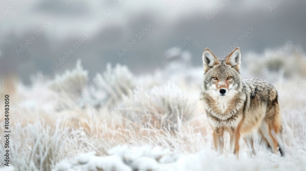 A solitary coyote explores a quiet, snow-blanketed landscape, showcasing the beauty of winter's chill and tranquility A solitary coyote explores a quiet, snow-blanketed landscape, showcasing the beauty of winter's chill and tranquility
