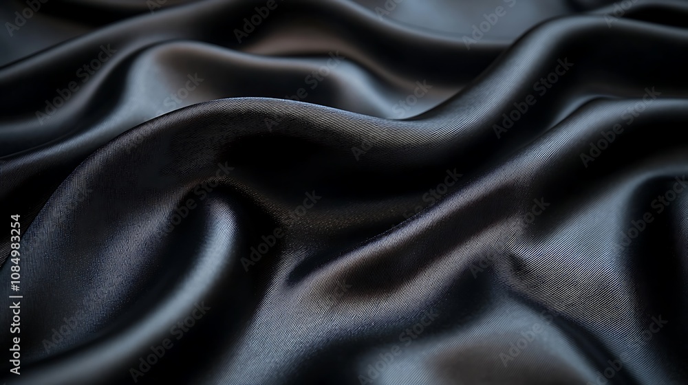 Fototapeta premium Black silk satin background with waves, Abstract background silky fabric