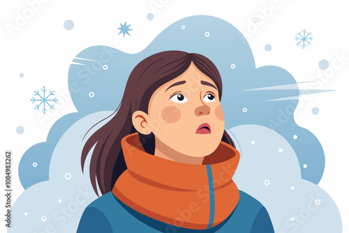 Woman Feeling Cold Indoors During Winter Season. Woman Feeling Chilly Indoors During Autumn. A woman struggling with cold room at home in winter - Measures to prevent colds and poor circulation.