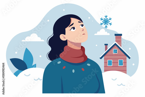 Woman Feeling Cold Indoors During Winter Season. Woman Feeling Chilly Indoors During Autumn. A woman struggling with cold room at home in winter - Measures to prevent colds and poor circulation.