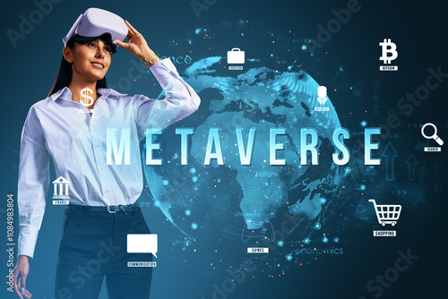 Woman with VR headset exploring metaverse concept in a digital world with technology and online network icons displayed around. photo