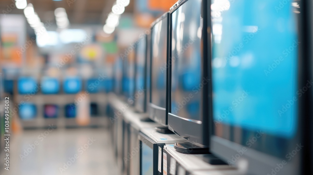 Televisions are arranged neatly in an electronics store, showcasing vibrant screens in a shopping environment for potential buyers Televisions are arranged neatly in an electronics store, showcasing vibrant screens in a shopping environment for potential buyers