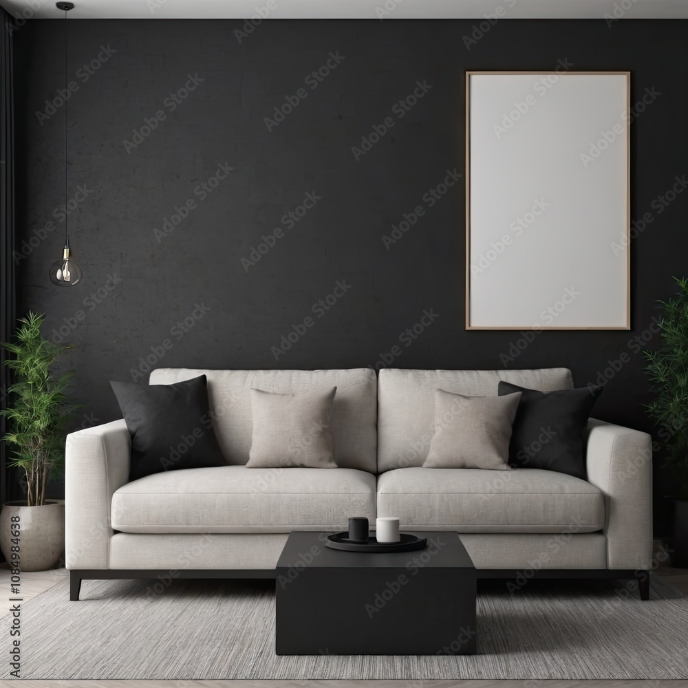 Cozy Modern Living Room Interior with Elegant Furniture and Blank Canvas on Black Wall – 3D Rendering Cozy Modern Living Room Interior with Elegant Furniture and Blank Canvas on Black Wall – 3D Rendering