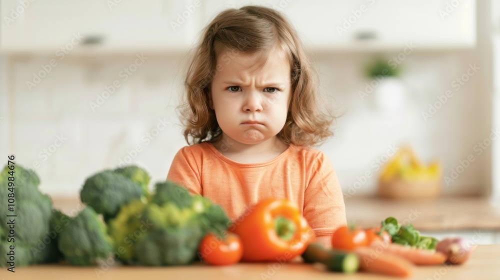 A young child sits at a dining table frowning, clearly unhappy about the vegetables laid before them during dinner time A young child sits at a dining table frowning, clearly unhappy about the vegetables laid before them during dinner time
