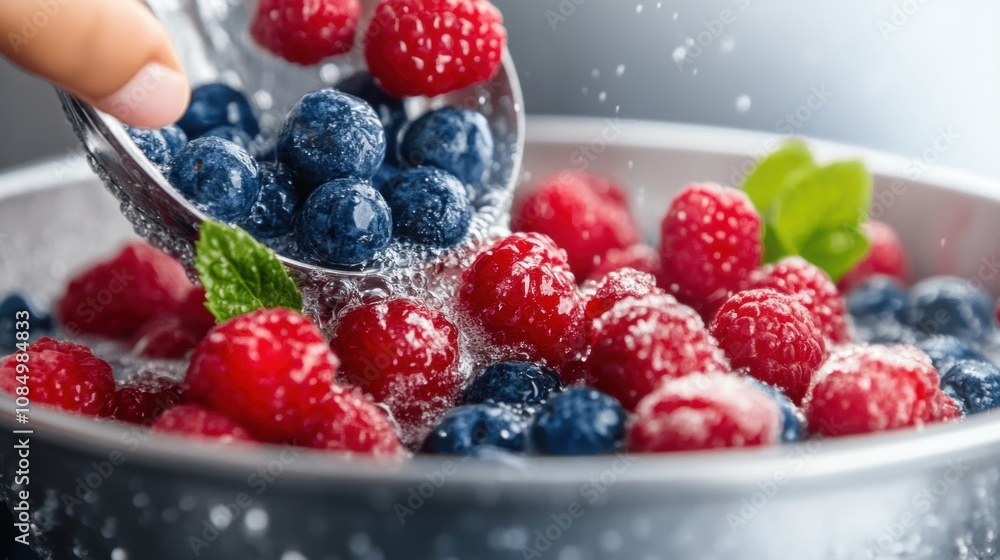 Fresh blueberries and raspberries are being rinsed in a kitchen sink, showcasing their vibrant colors and freshness Fresh blueberries and raspberries are being rinsed in a kitchen sink, showcasing their vibrant colors and freshness