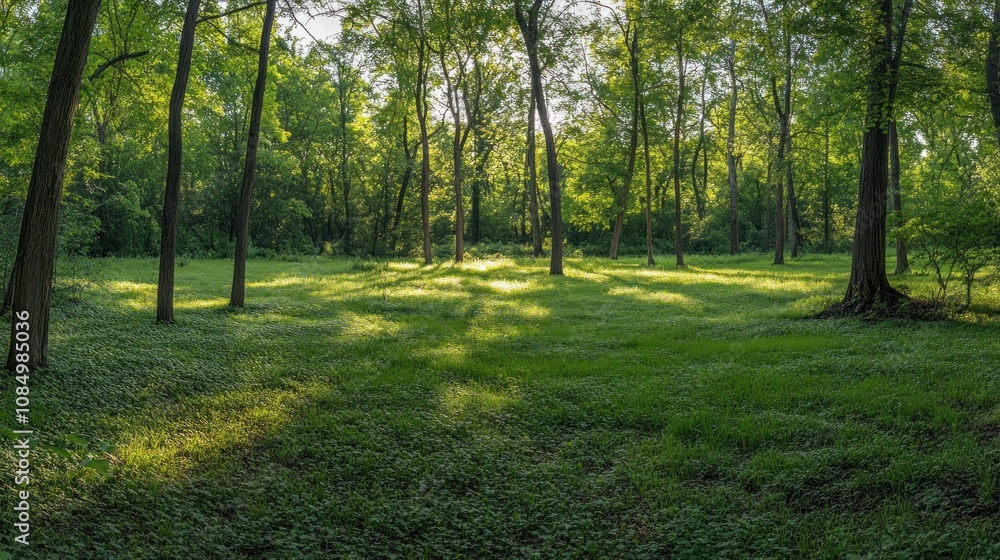 Sunlight streams through a dense forest canopy, illuminating a grassy clearing. Sunlight streams through a dense forest canopy, illuminating a grassy clearing.