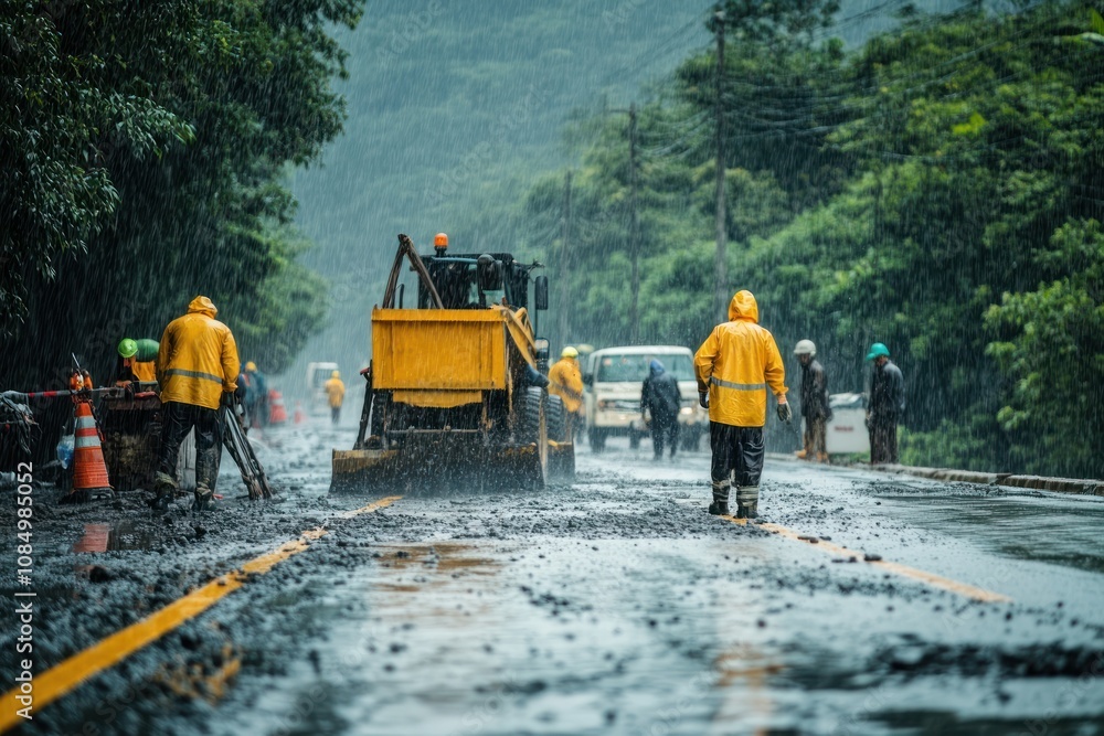 Construction workers in yellow raincoats work on a muddy road during a heavy downpour. Construction workers in yellow raincoats work on a muddy road during a heavy downpour.