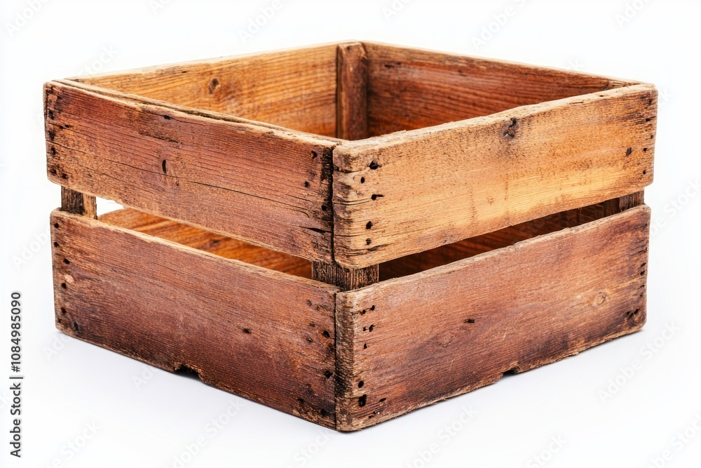 A rustic wooden crate, weathered and worn, with a single divider, sits on a white background. A rustic wooden crate, weathered and worn, with a single divider, sits on a white background.