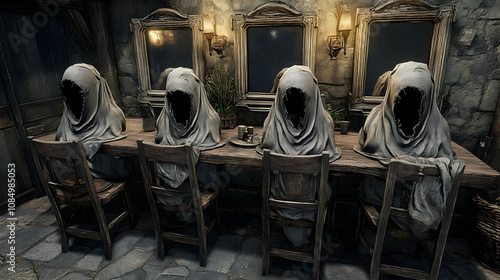 Four Hooded Figures at a Table 3D Illustration photo