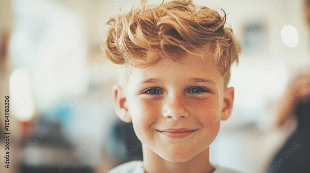 Close-up of a cheerful young boy with messy hair and freckles, exuding innocence and joy in a warm, natural light setting.