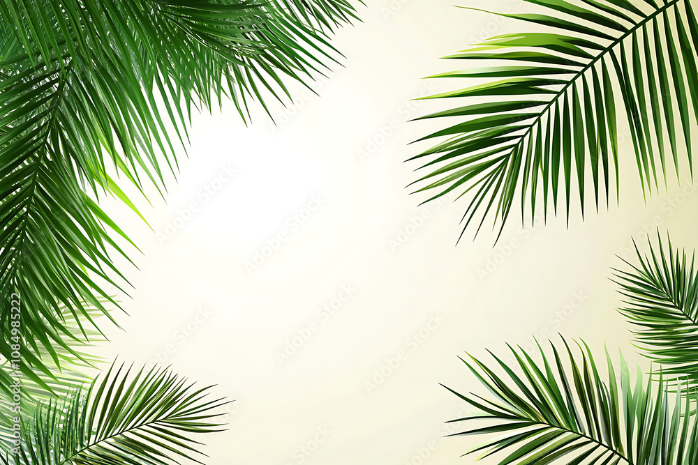 Naklejka premium Lush green palm leaves framing a light background for design purposes.