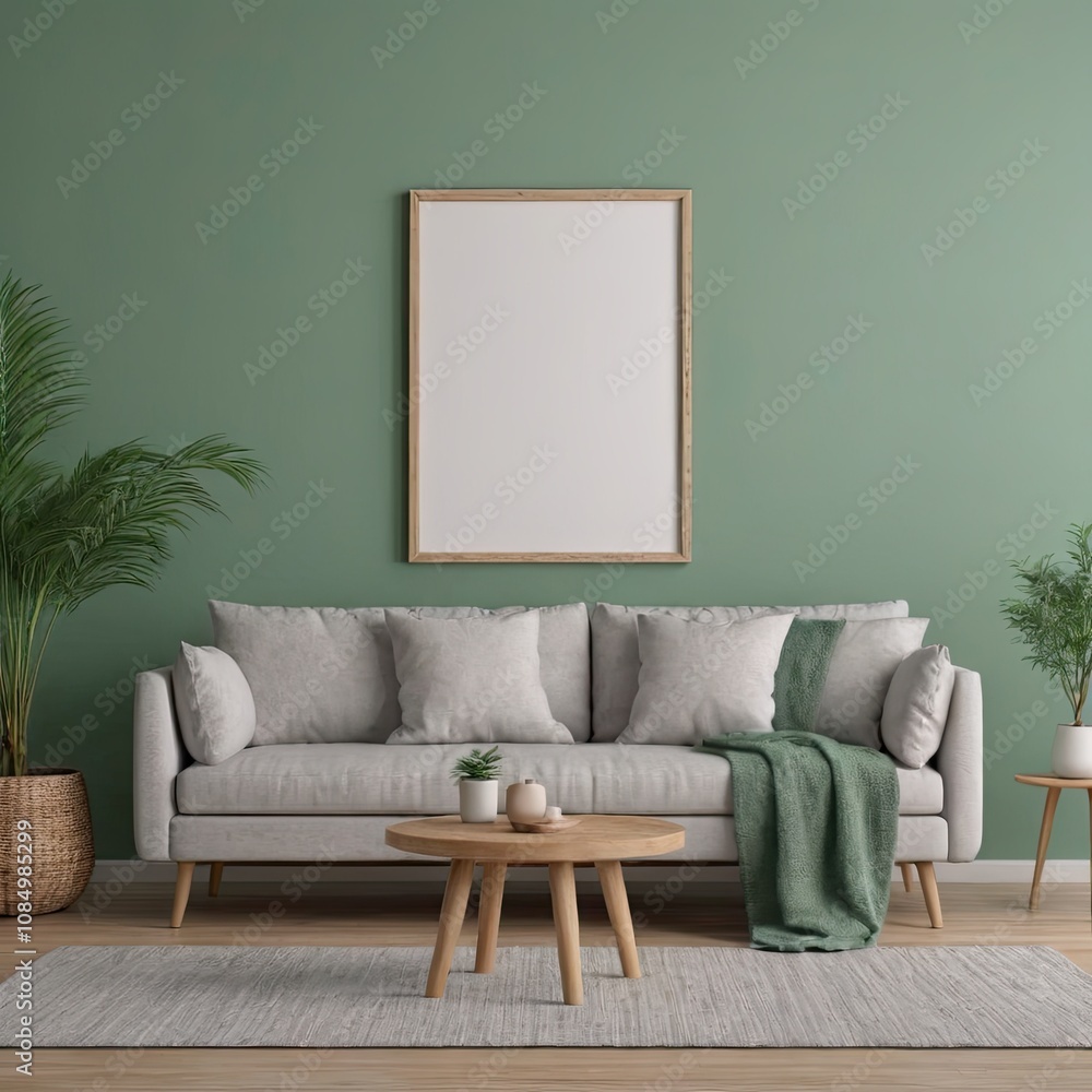 Cozy Modern Living Room Interior with Elegant Furniture and Blank Canvas on Green Wall – 3D Rendering Cozy Modern Living Room Interior with Elegant Furniture and Blank Canvas on Green Wall – 3D Rendering