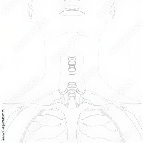 Human thyroid one line art. Continuous line drawing of human, internal, organs, thyroid gland, trachea, larynx, thyroid cartilage, laryngeal muscles.