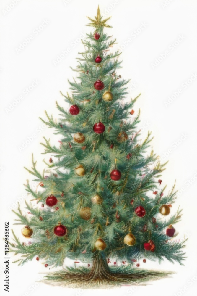 Beautifully decorated tall slender Christmas tree with red and gold ornaments on a plain white background. Beautifully decorated tall slender Christmas tree with red and gold ornaments on a plain white background.