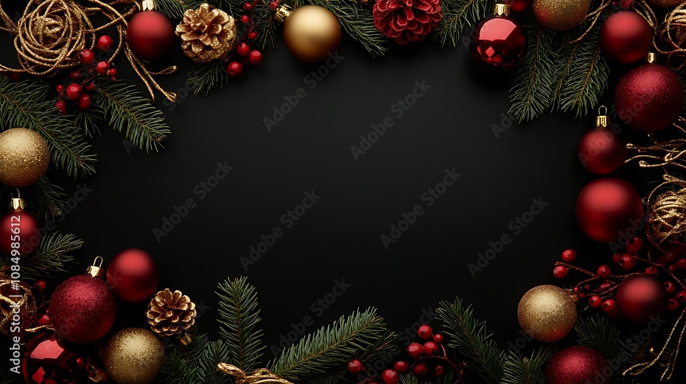 Christmas Frame with Red Ornaments and Berries Christmas Frame with Red Ornaments and Berries